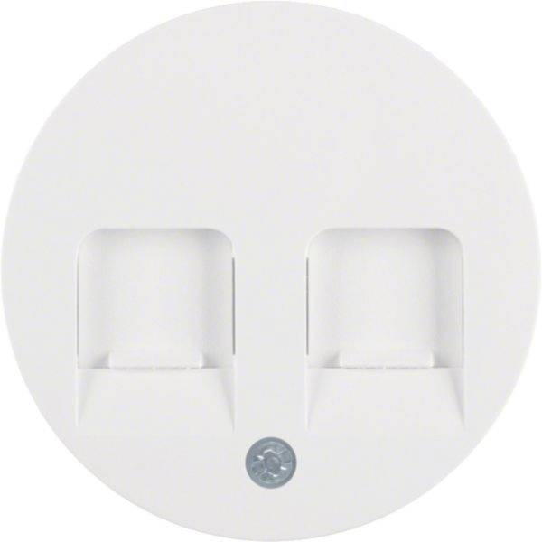 Piastra frontale in plastica rotonda bianca con due porte quadrate incassate e un piccolo foro per vite centrale sottostante, probabilmente una copertura per presa a muro o jack.