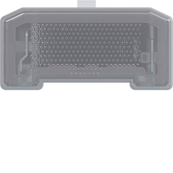 Componente elettronico in plastica grigia trasparente con una fitta griglia di contatti in rilievo e ritagli laterali, mostrato isolato su sfondo bianco.