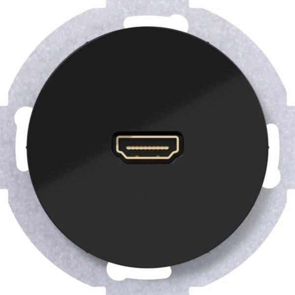 Primo piano di un dispositivo rotondo nero con una singola porta HDMI al centro, mostrato in un anello di montaggio argentato.
