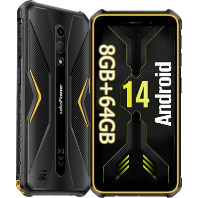 Viste anteriore e posteriore di uno smartphone Ulefone nero e robusto che mostra '8GB+64GB' e 'Android 14' sul display.
