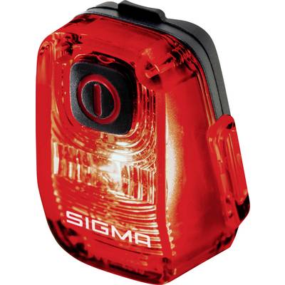 Luce posteriore per bicicletta Red Sigma con pulsante di accensione nero e lente luminosa su sfondo bianco.