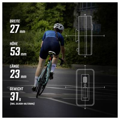 Grafica pubblicitaria di un trasmettitore per biciclette su un ciclista su strada: Dimensioni 27 mm di larghezza, 53 mm di altezza, 23 mm di lunghezza, Peso 31 g incluso supporto in silicone; schizzi tecnici dimensionali a destra.