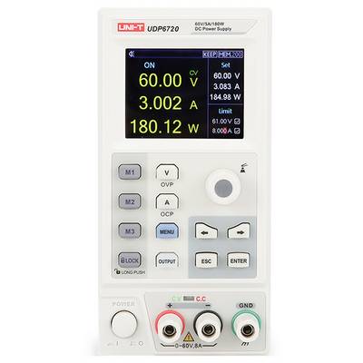 Alimentatore CC UNI-T UDP6720 con pannello frontale che mostra uscite impostate a 60,00 V, 3,002 A, 180,12 W, con controlli di regolazione della corrente e della tensione e display.