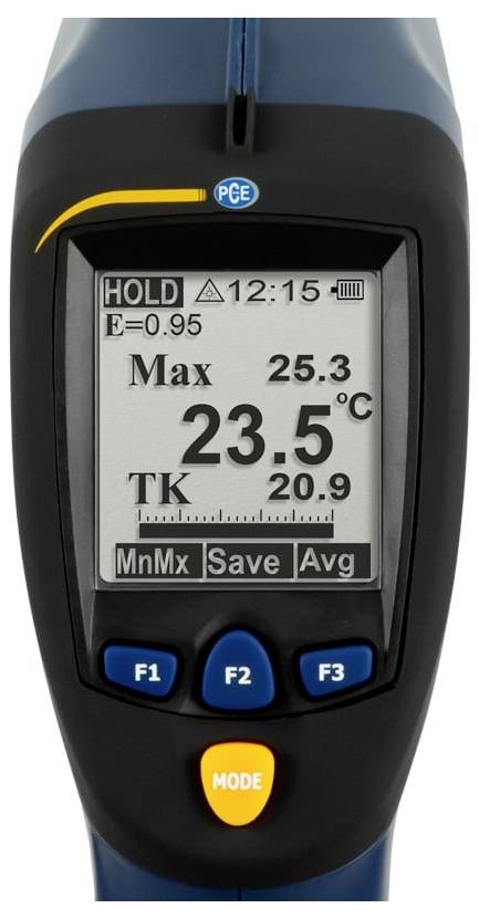 Termometro a infrarossi portatile che visualizza 23,5°C in modalità hold, con massimo 25,3, TK 20,9 e indicatori di batteria/ora.