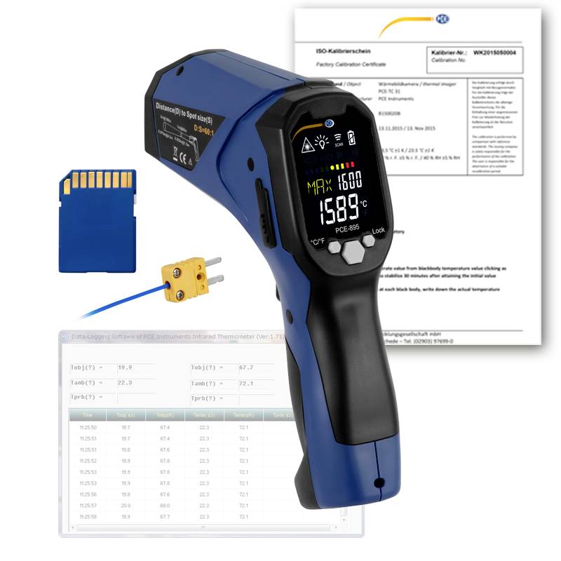 Termometro a infrarossi portatile con scheda SD, termocoppia e certificato di taratura, mostrato con letture di temperatura e foglio di registro dati.