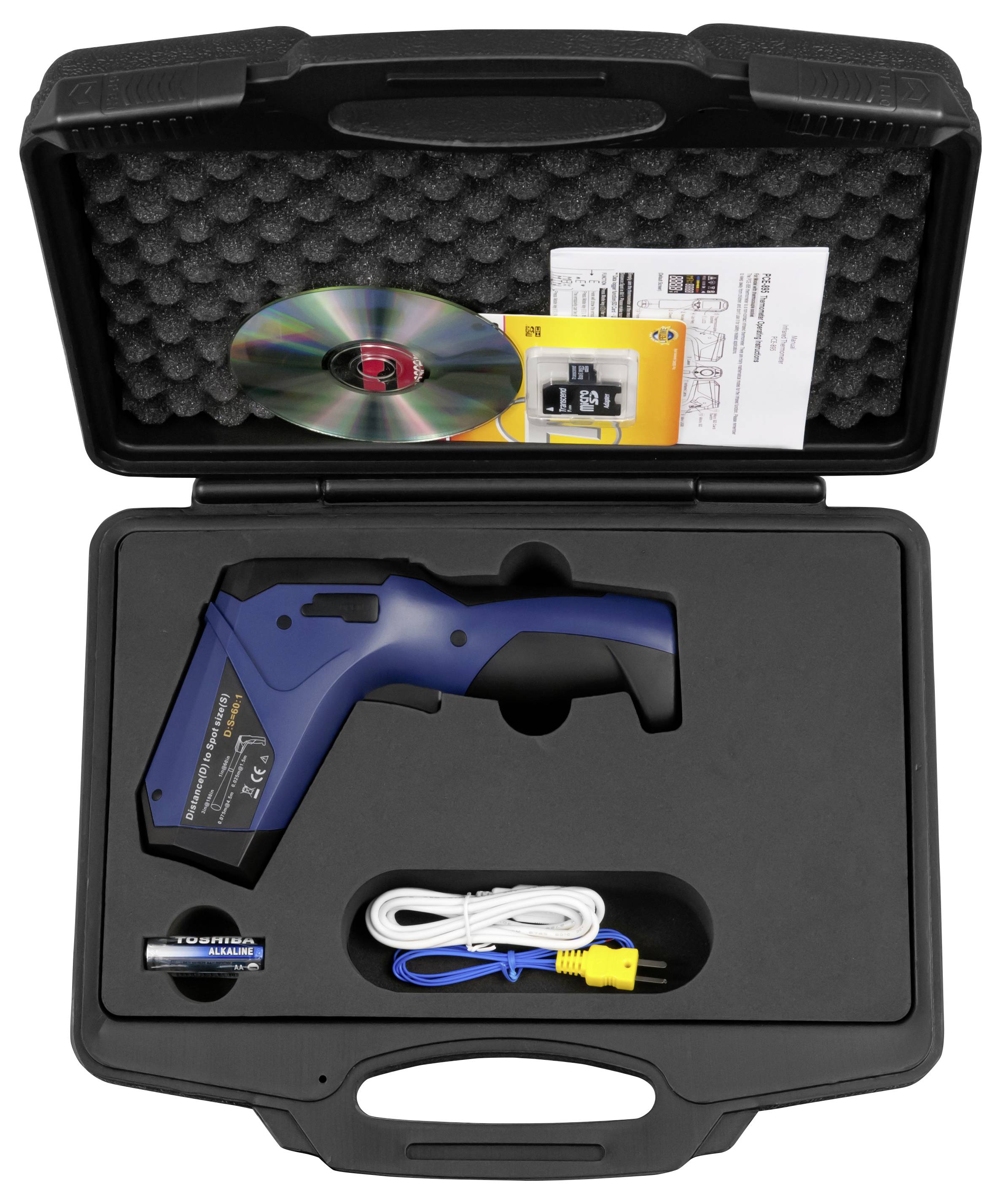 Strumento portatile cordless blu in una custodia rigida con cavo caricabatterie, batteria, manuale, CD e accessorio, tutto perfettamente organizzato all'interno.