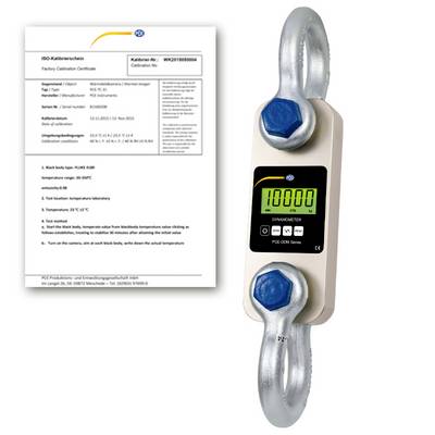 Bilancia digitale con cella di carico sospesa che visualizza '10000' con un certificato di calibrazione accanto.