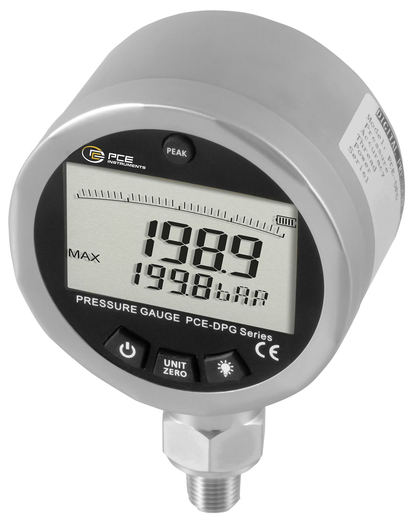 Manometro di pressione digitale che visualizza 198.9 e "MAX 1998 mbar", con indicatore PEAK e connettore in metallo filettato