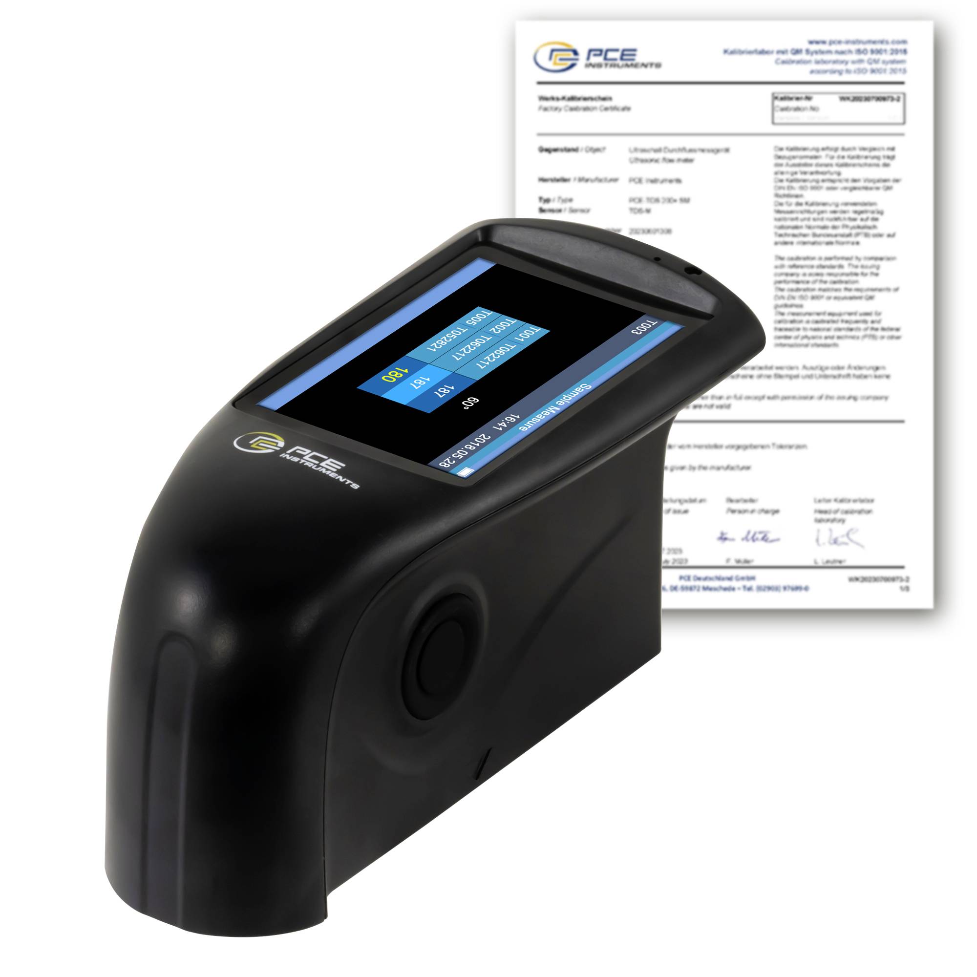 Dispositivo di ispezione portatile nero con schermo tattile a colori visualizzato di fronte a un documento di certificato di calibrazione.