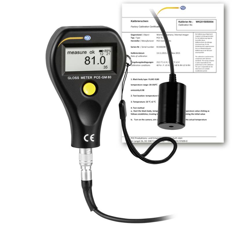 Lucidimetro digitale con sonda e certificato di calibrazione, che mostra una lettura di 81,0 sul display.