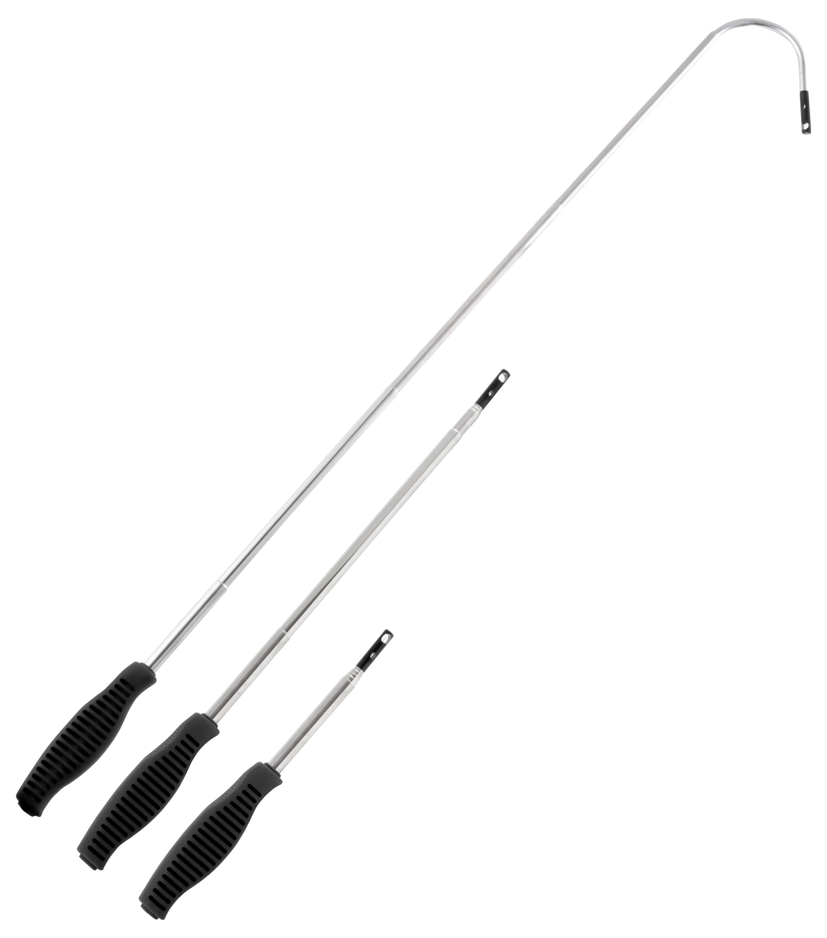 Tre attrezzi magnetici in metallo con manici neri rigati, incluso un lungo grabber flessibile e curvo per recuperare piccoli oggetti.