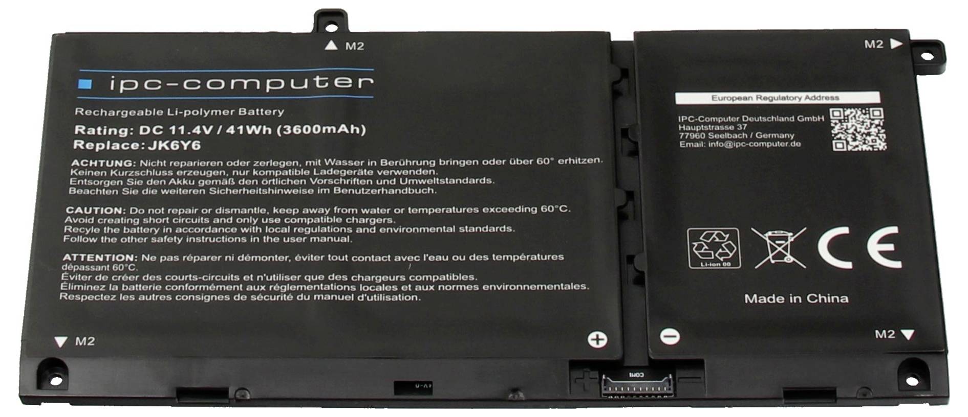 Pacco batteria al litio-polimero ricaricabile nero etichettato 'ipc-computer', con rating DC 11,4V/41Wh, con testo di avvertenza e connettori visibili.
