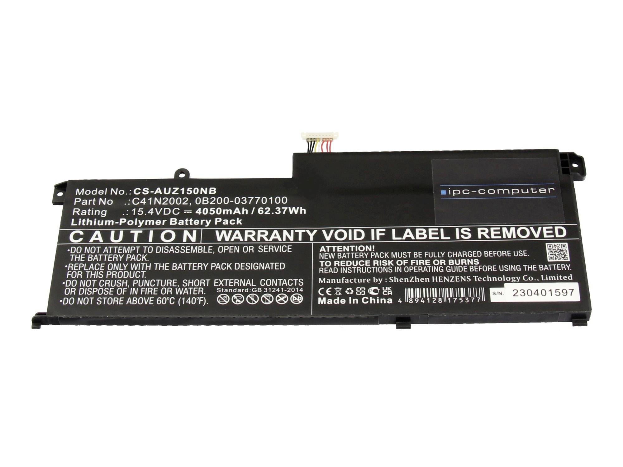 Pacco batteria al litio-ione per laptop con etichette di avvertimento e informazioni sul modello stampate sul rivestimento.