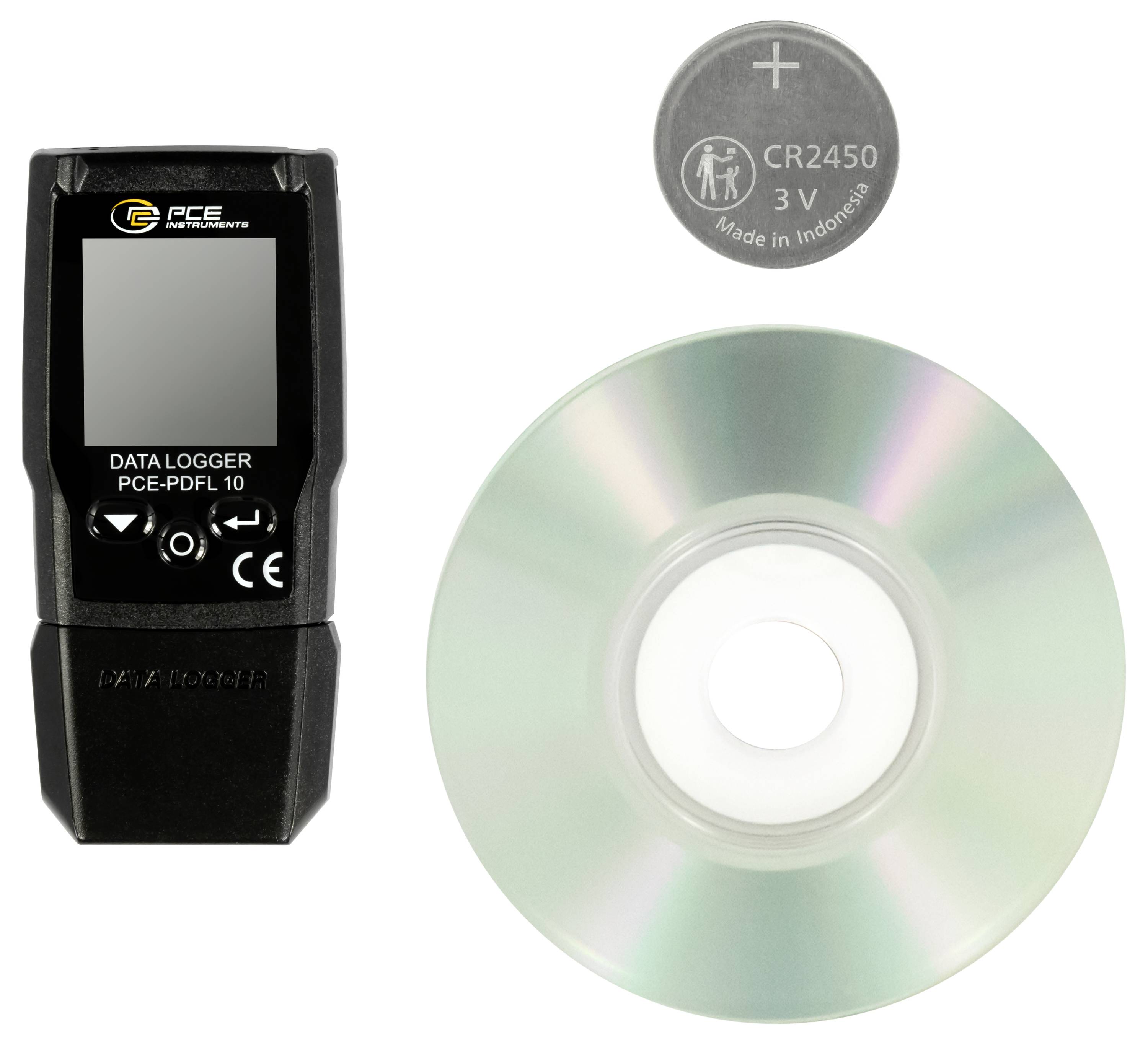 Registratore dati con batteria e disco software CD-ROM su sfondo bianco.