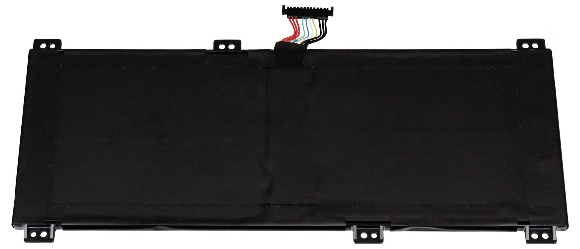 Batteria di ricambio per laptop nera con connettore e linguette di montaggio mostrate su sfondo bianco.
