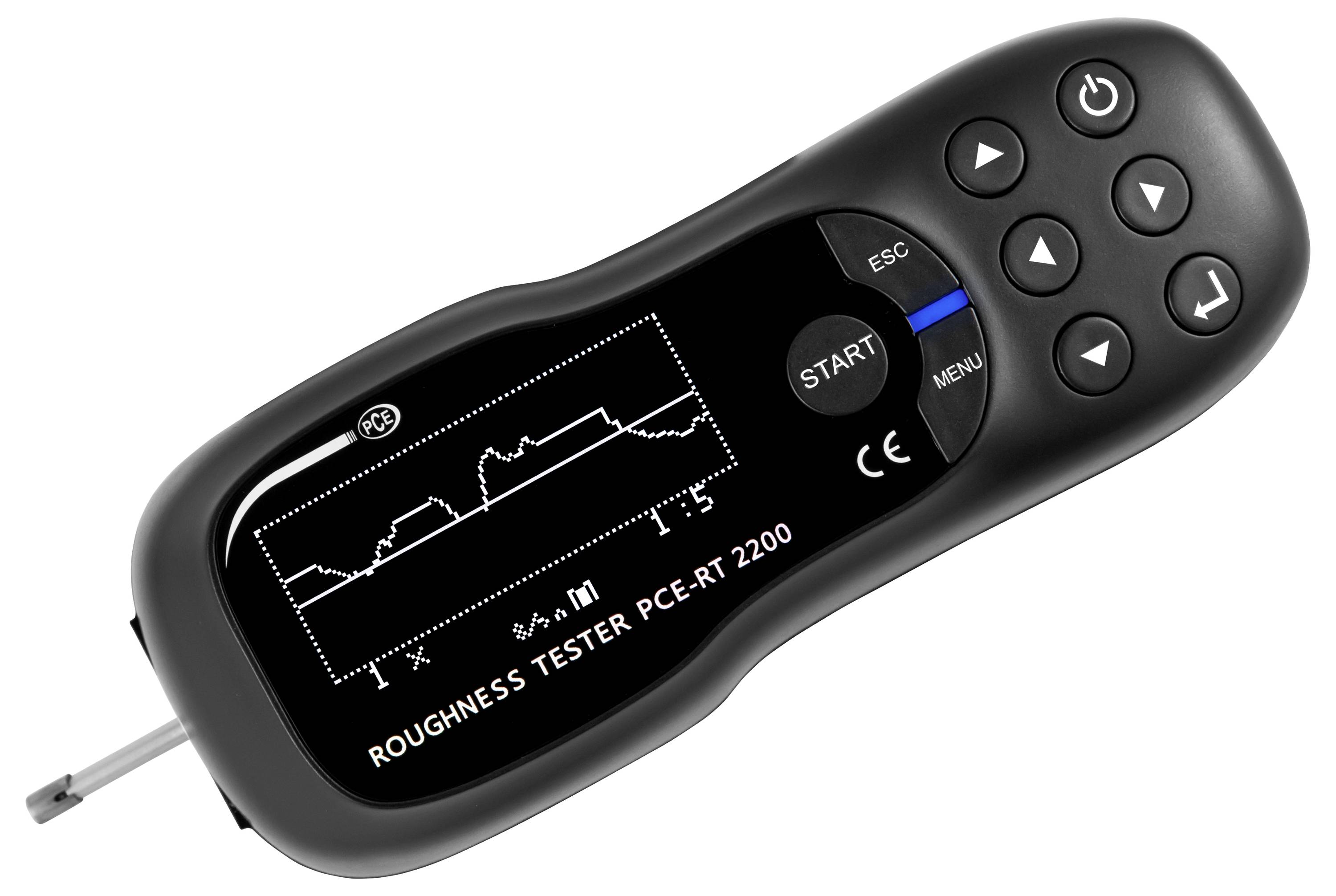 Misuratore di rugosità digitale portatile etichettato 'ROUGHNESS TESTER PC-ERT 2200' con un piccolo schermo che mostra un grafico del profilo della superficie e pulsanti di controllo.