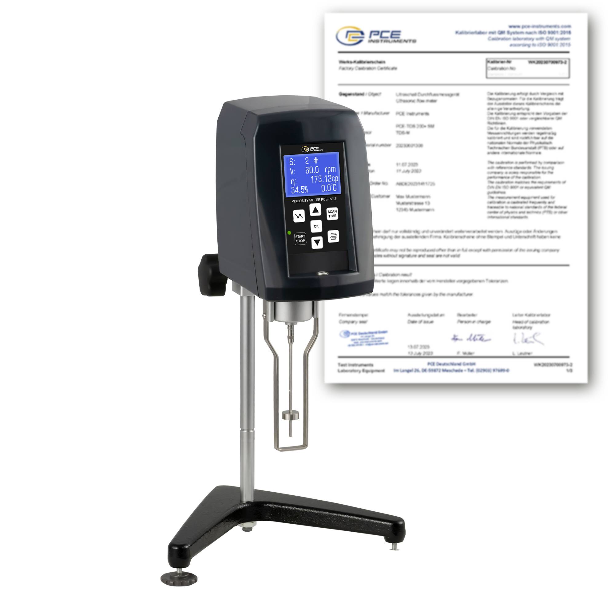 Viscosimetro di laboratorio su un supporto con display digitale, mostrato davanti a un certificato di calibrazione.