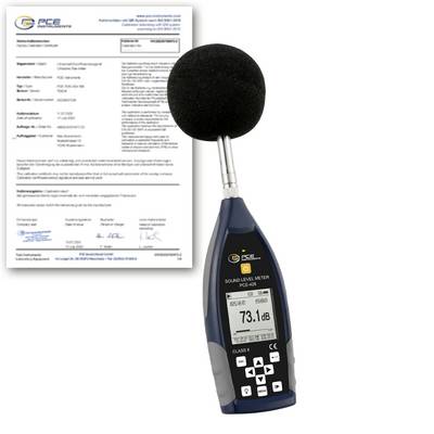 Fonometro che mostra 73,1 dB accanto a un certificato di taratura, indicando che il dispositivo è stato calibrato.