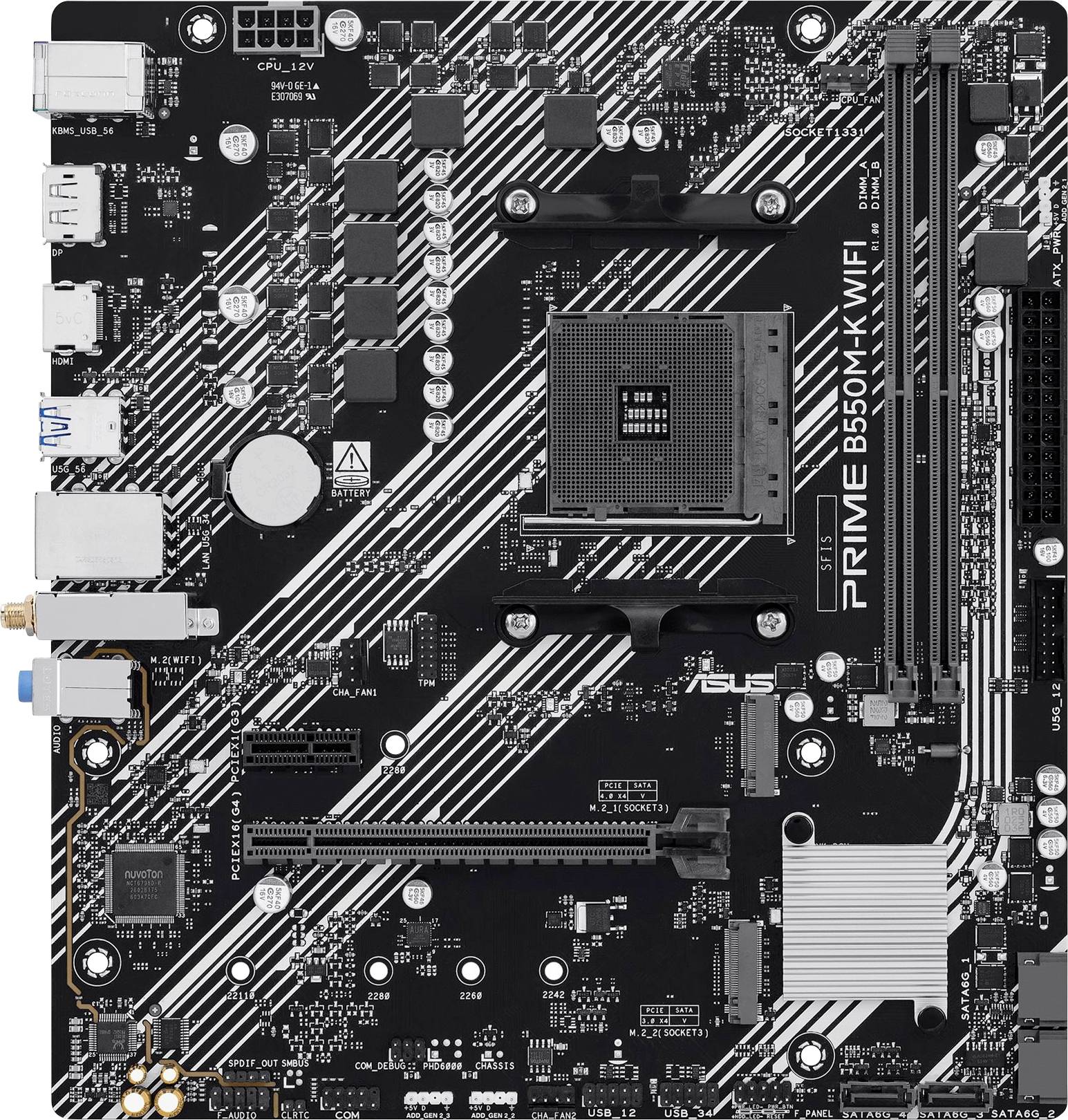 Scheda madre ASUS PRIME B550M-K WIFI vista dall'alto, con socket per CPU AMD, slot RAM, slot PCIe, porte I/O posteriori e dissipatori di calore.