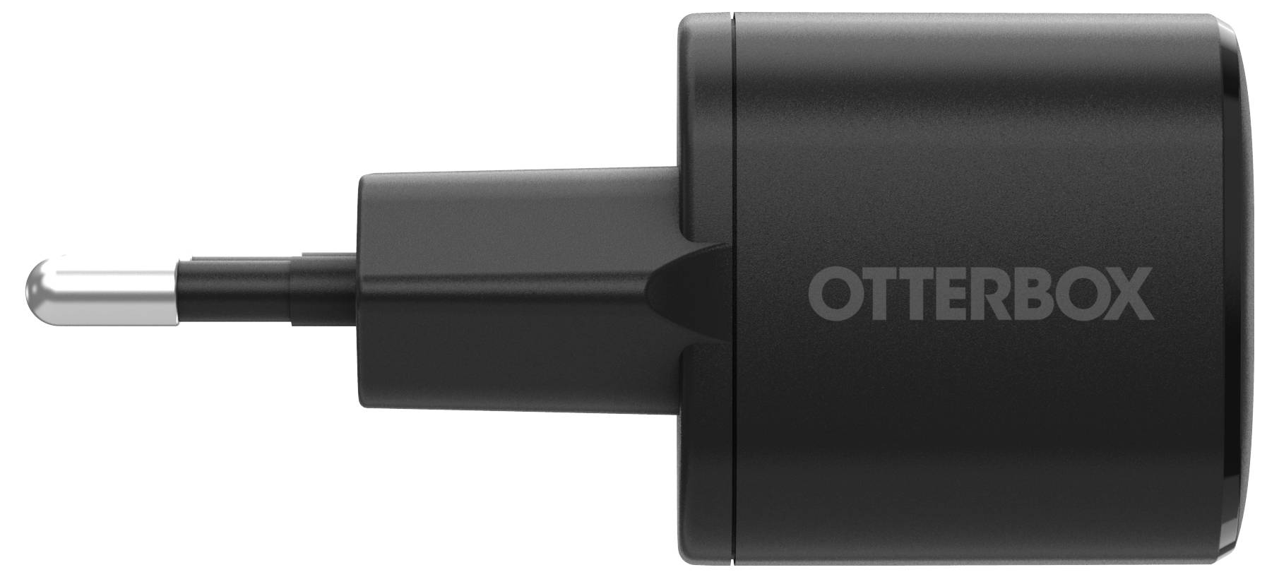 Adattatore di alimentazione OtterBox nero con spina metallica sporgente su sfondo bianco