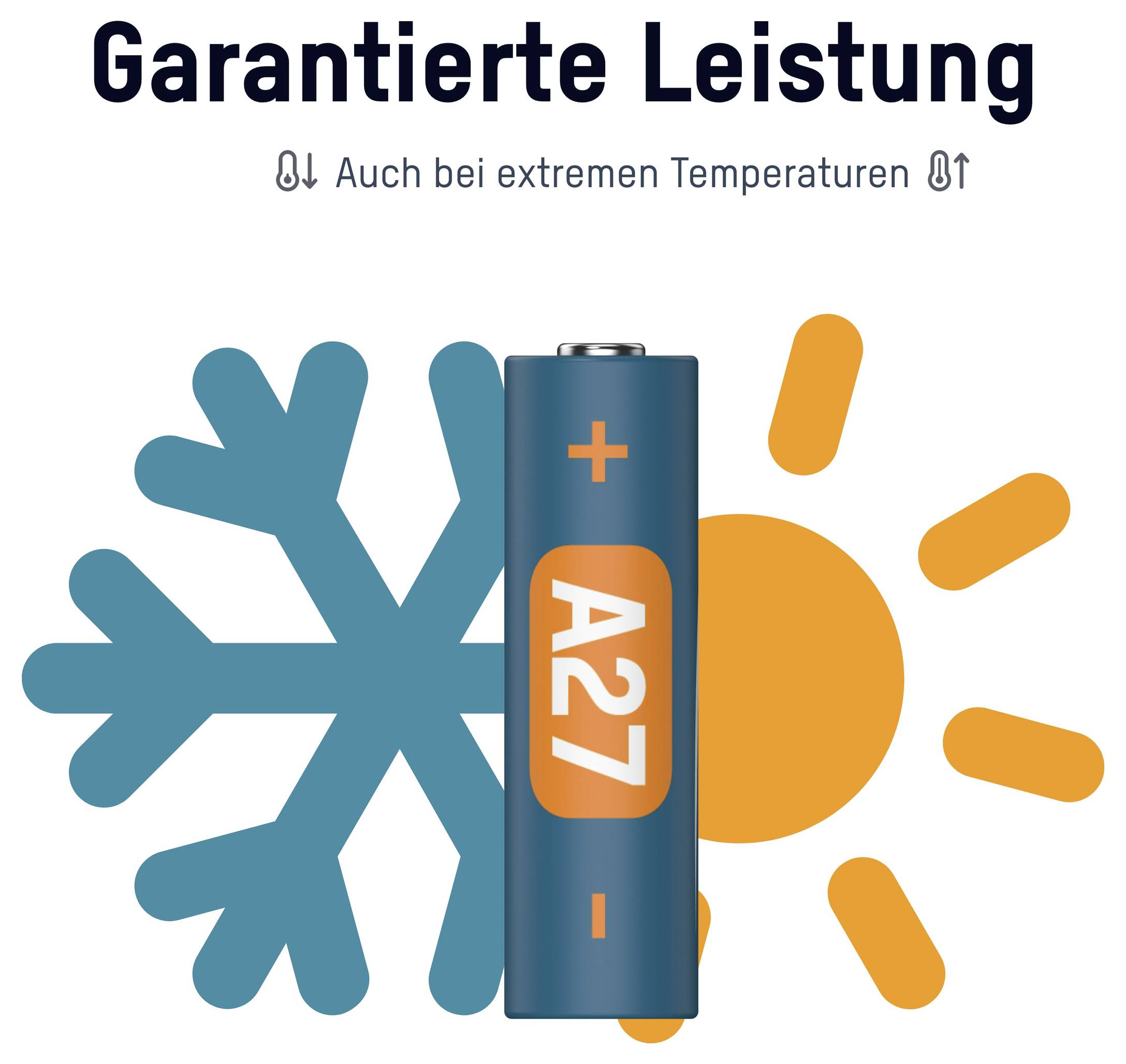 Batteria A27 con icone di fiocco di neve e sole, etichettata 'Prestazioni Garantite' e 'Anche a temperature estreme', indicando prestazioni affidabili in condizioni di caldo e freddo.