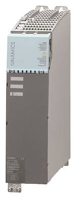 Un modulo elettronico industriale Siemens o unità di azionamento in un involucro grigio in metallo con parte superiore ventilata ed etichette frontali, mostrato in posizione verticale su uno sfondo neutro.