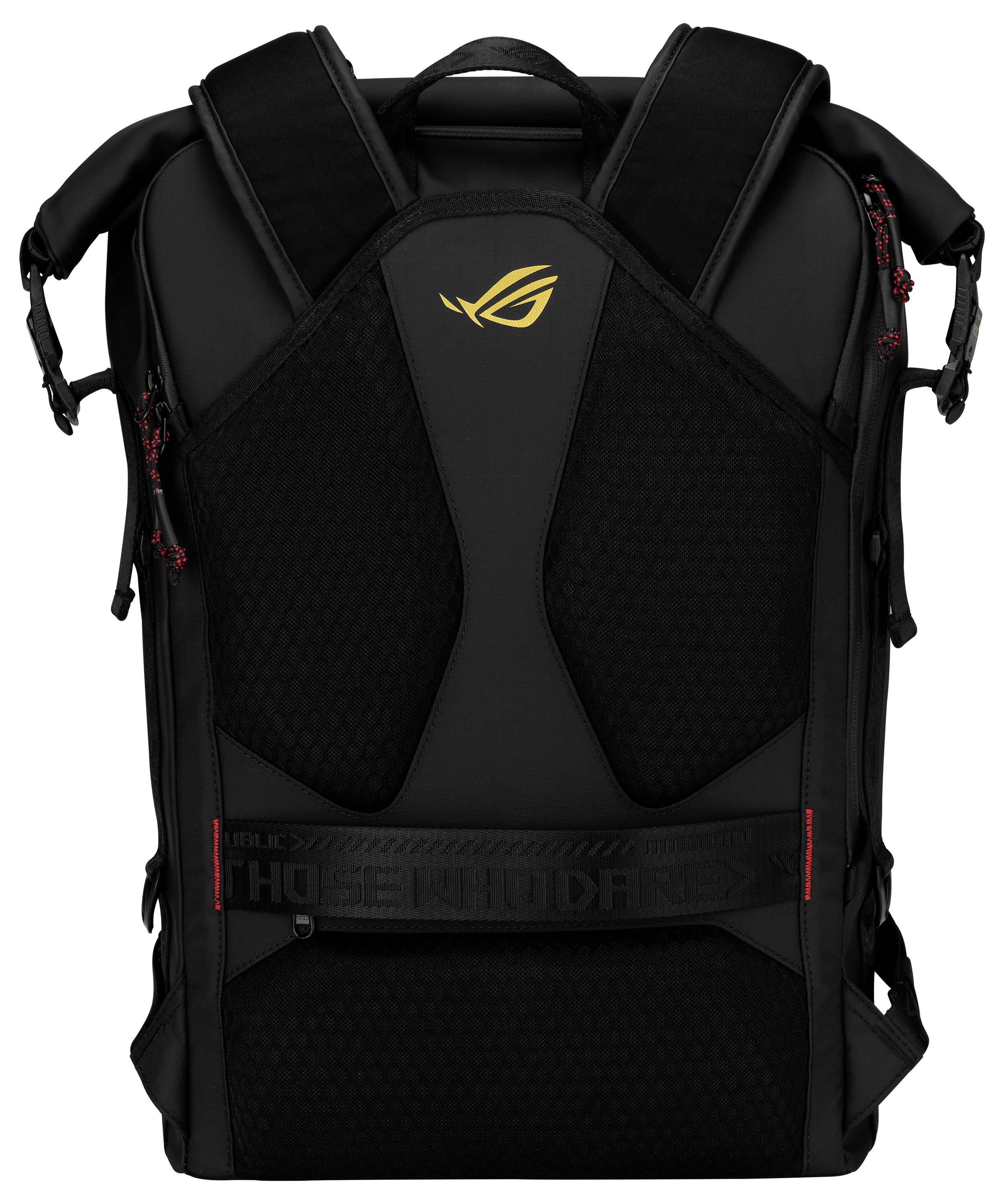 Zaino ASUS ROG nero con cinghie imbottite e logo giallo Republic of Gamers sul pannello posteriore.