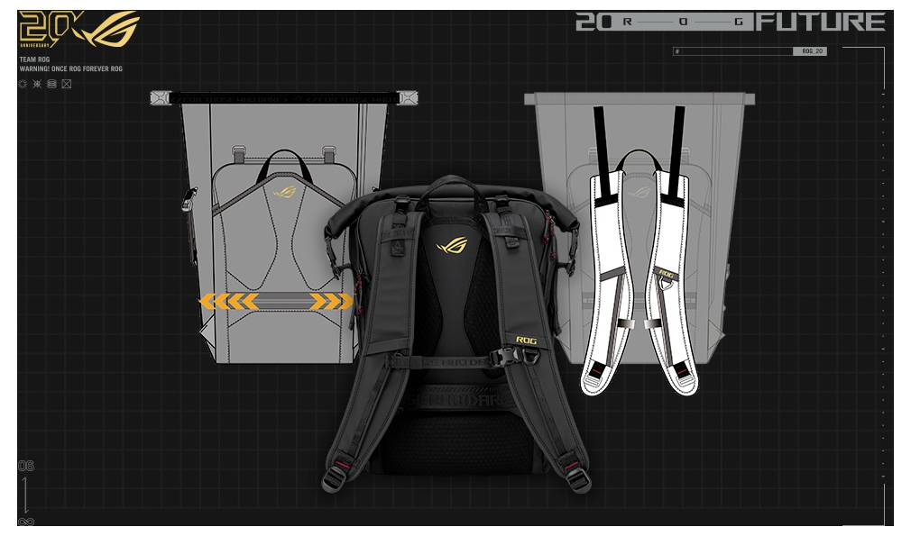 Immagine di confronto di uno zaino ASUS ROG nero mostrato da davanti, da lato e da dietro, evidenziando il logo, i cinturini e il design di trasporto.