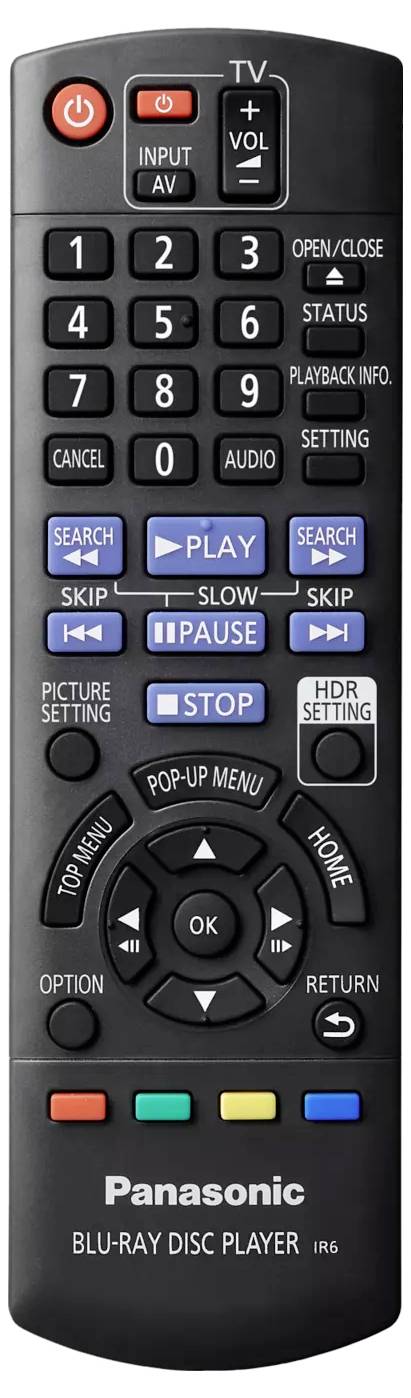 Telecomando per lettore Blu-ray Disc Panasonic con pulsanti di accensione, riproduzione, tastiera numerica, menu e navigazione.