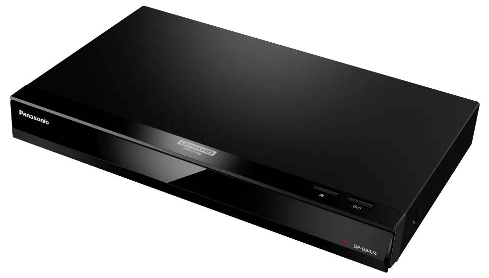 Lettore o registratore DVD Panasonic nero mostrato ad angolo su uno sfondo bianco.