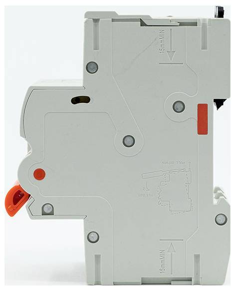 Interruttore automatico elettrico grigio con leva arancione, mostrato in vista laterale su sfondo bianco.