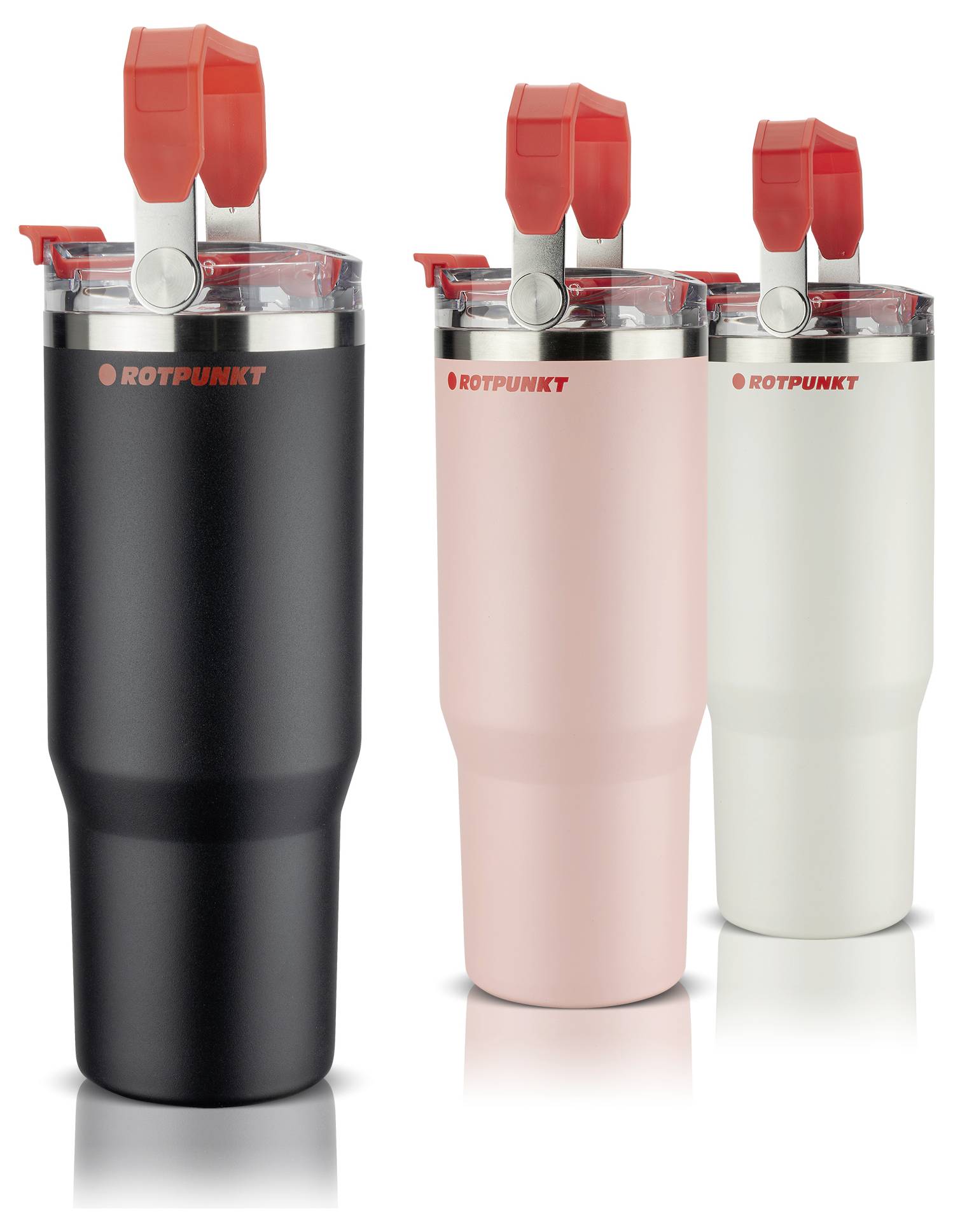 Tre bicchieri termici Rotpunkt con coperchi rossi ribaltabili, mostrati in nero, rosa e bianco su sfondo neutro.