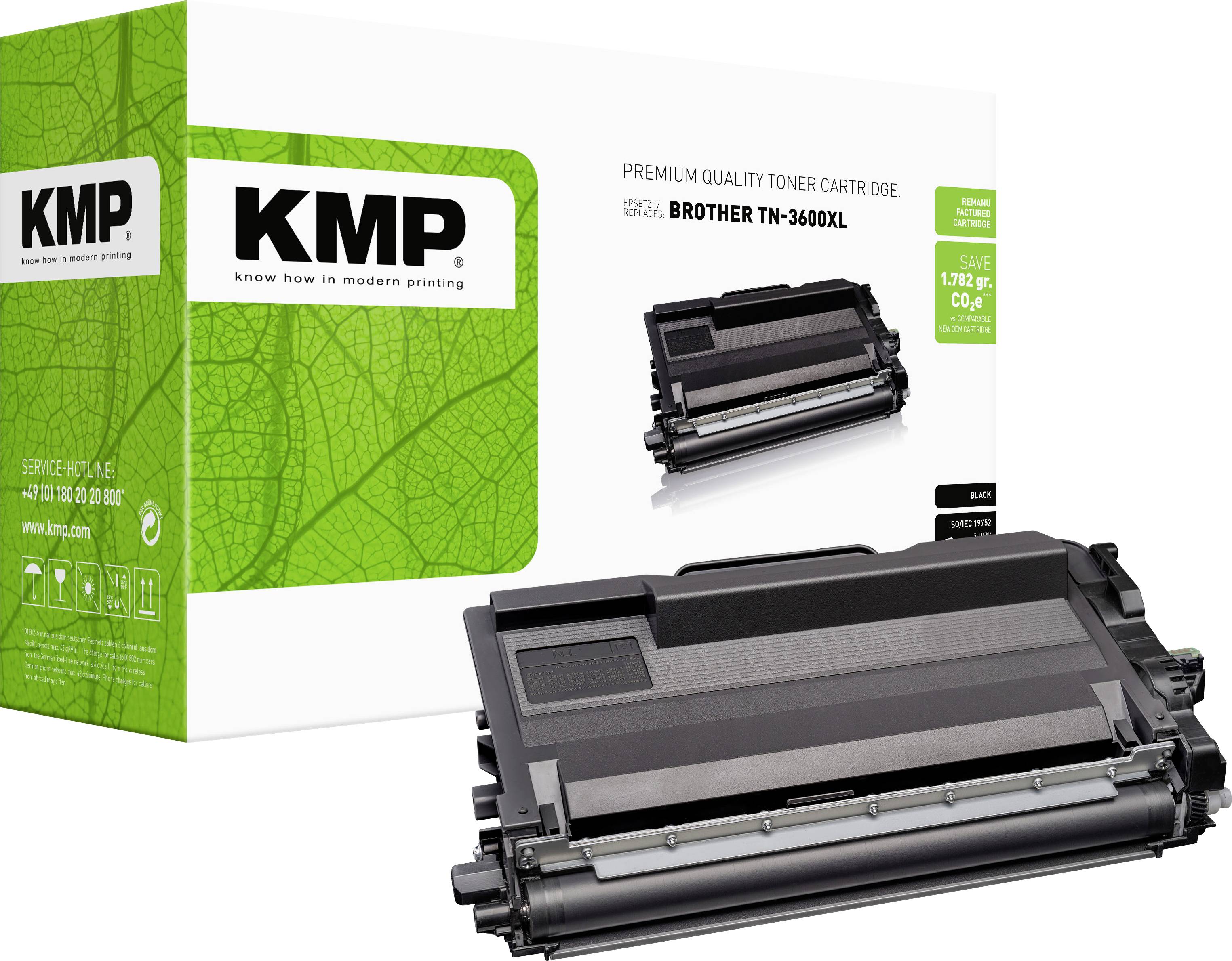 Confezione di cartuccia di toner KMP di qualità premium e cartuccia per Brother TN-3600XL, mostrata con scatola verde e unità di toner nero.