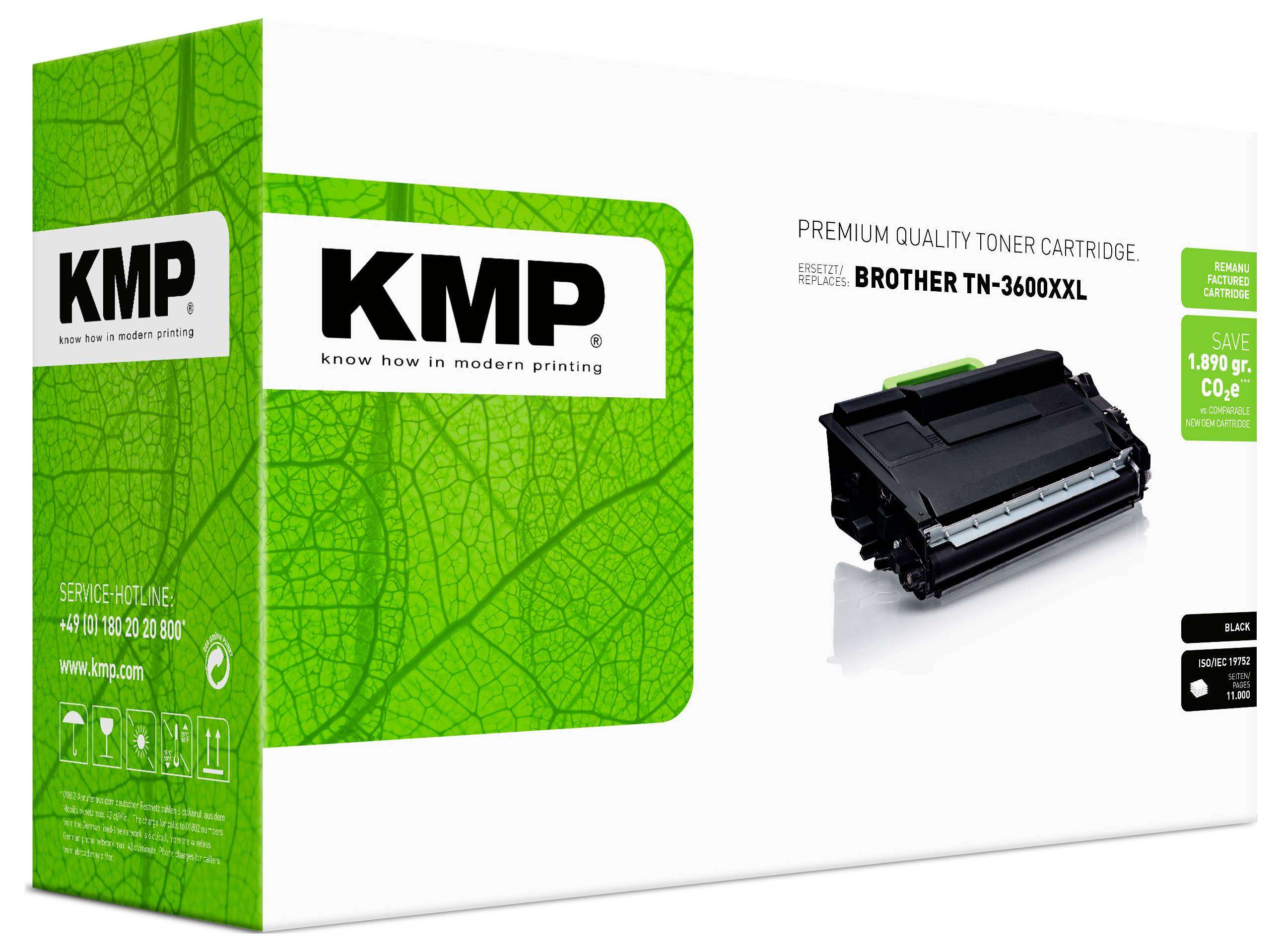 Scatola di cartuccia toner KMP di qualità premium per Brother TN-3600XL, mostrata in confezione verde con l'immagine dell'unità toner e l'icona di riciclaggio.