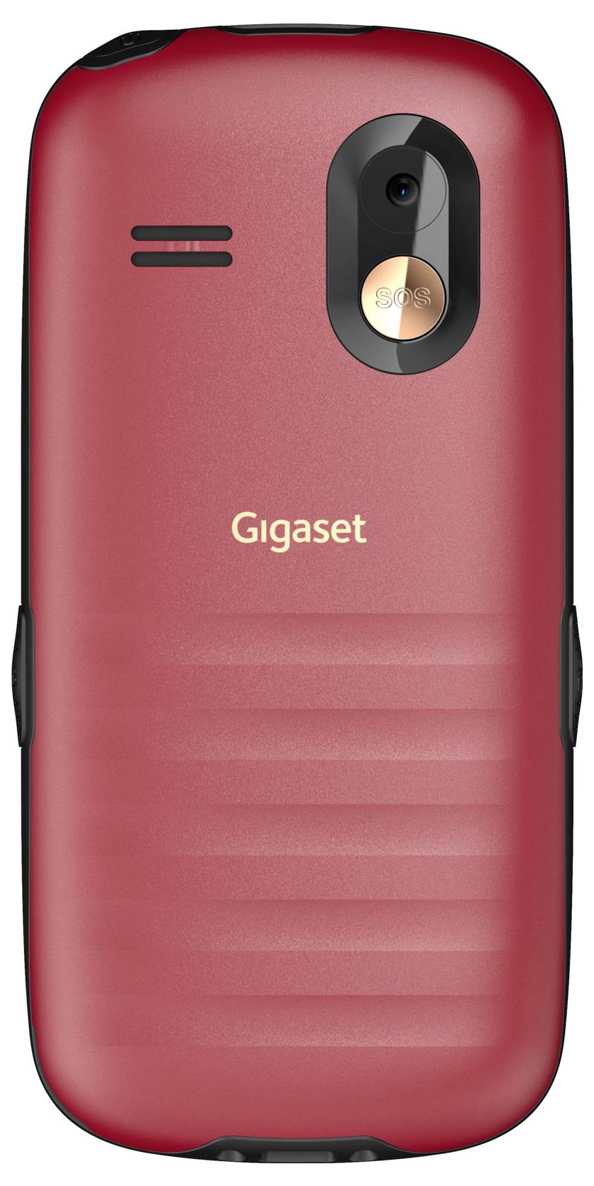 Vista posteriore di un telefono cellulare Gigaset rosso con fotocamera posteriore, griglia dell'altoparlante e pannello inferiore strutturato.