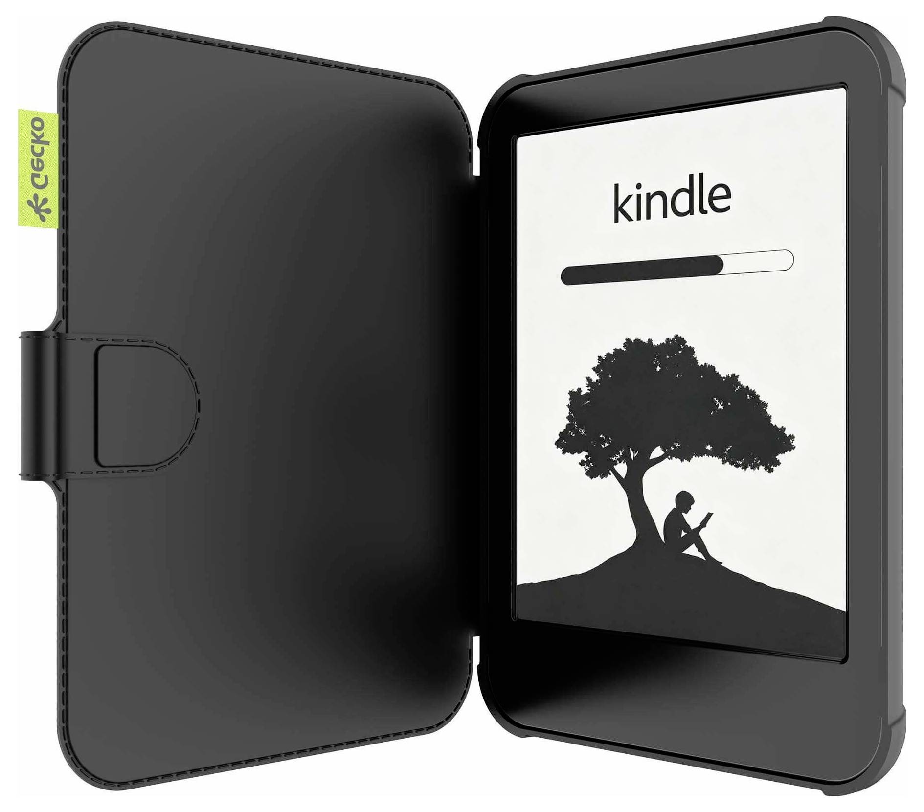 Lettore e-book Kindle in una custodia protettiva nera a folio, mostrato aperto con schermo che visualizza una barra di caricamento e una sagoma di persona che legge sotto un albero.