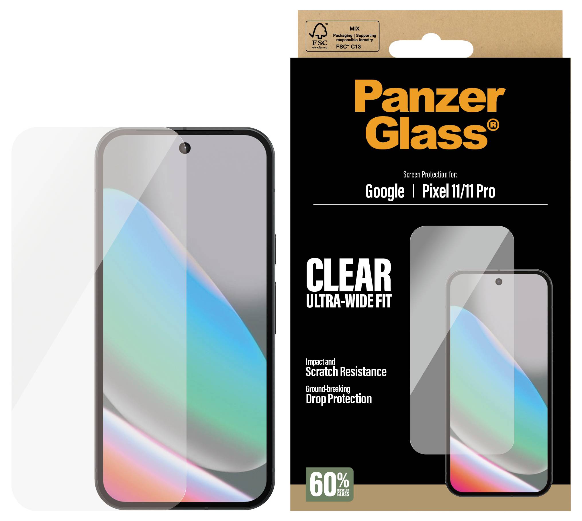 Pellicola protettiva trasparente PanzerGlass per Google Pixel 11/11 Pro, mostrata con un mockup di telefono e caratteristiche come protezione da graffi e cadute.