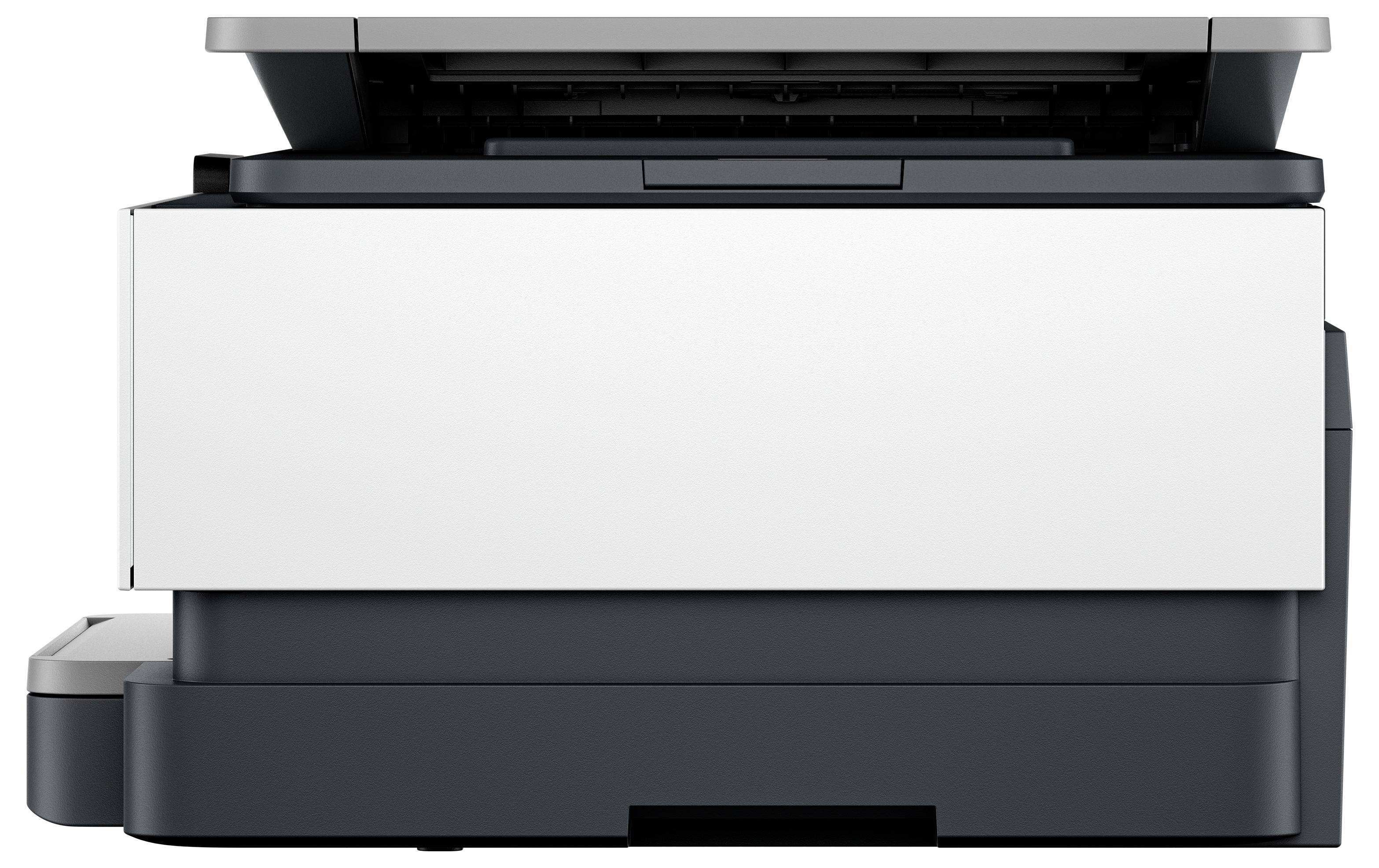 Vista frontale di una stampante multifunzione/fotocopiatrice con coperchio scanner per carta e base scura su uno sfondo bianco.