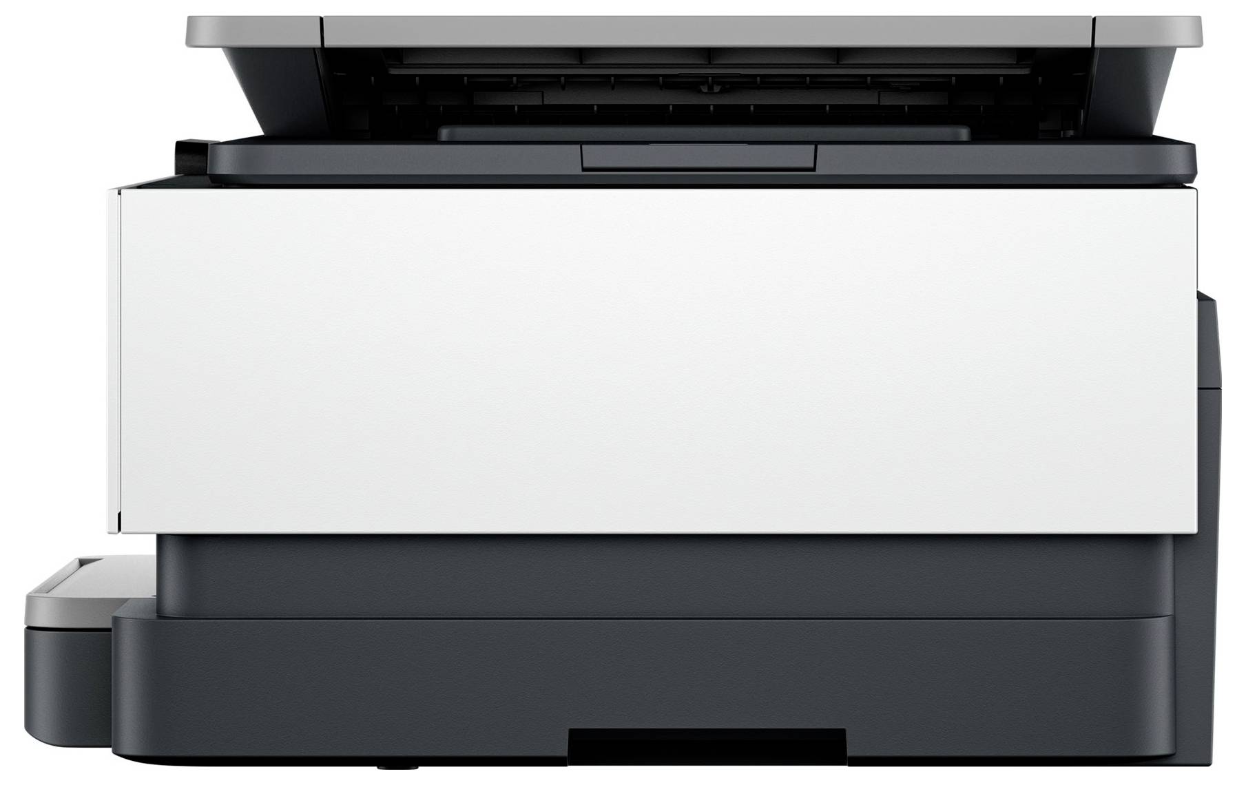 Vista frontale di una stampante multifunzione compatta in bianco e nero con coperchio dello scanner chiuso.