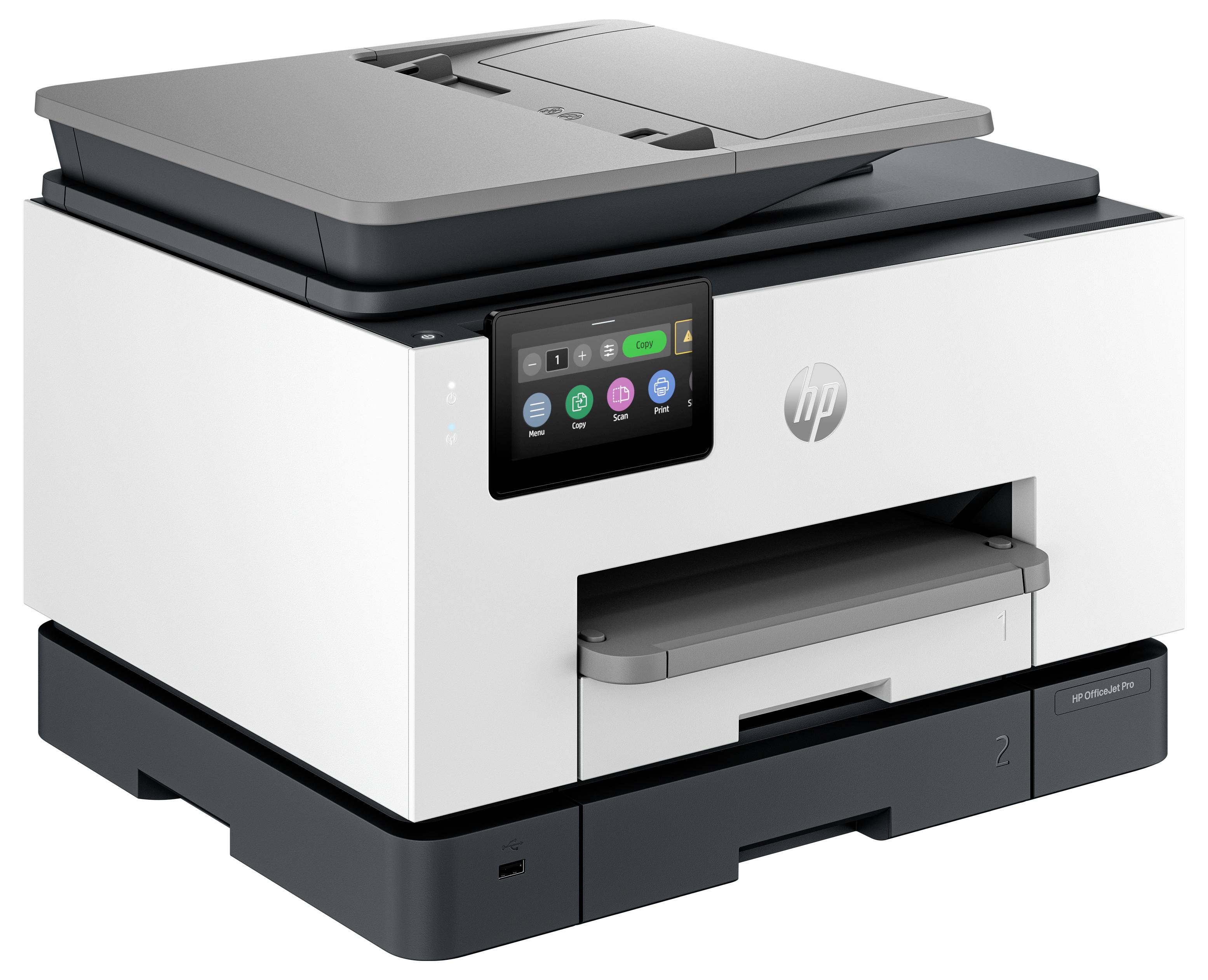 Stampante multifunzione HP con pannello di controllo touchscreen e vassoio di uscita della carta, presentata in un design compatto per ufficio bianco e nero.