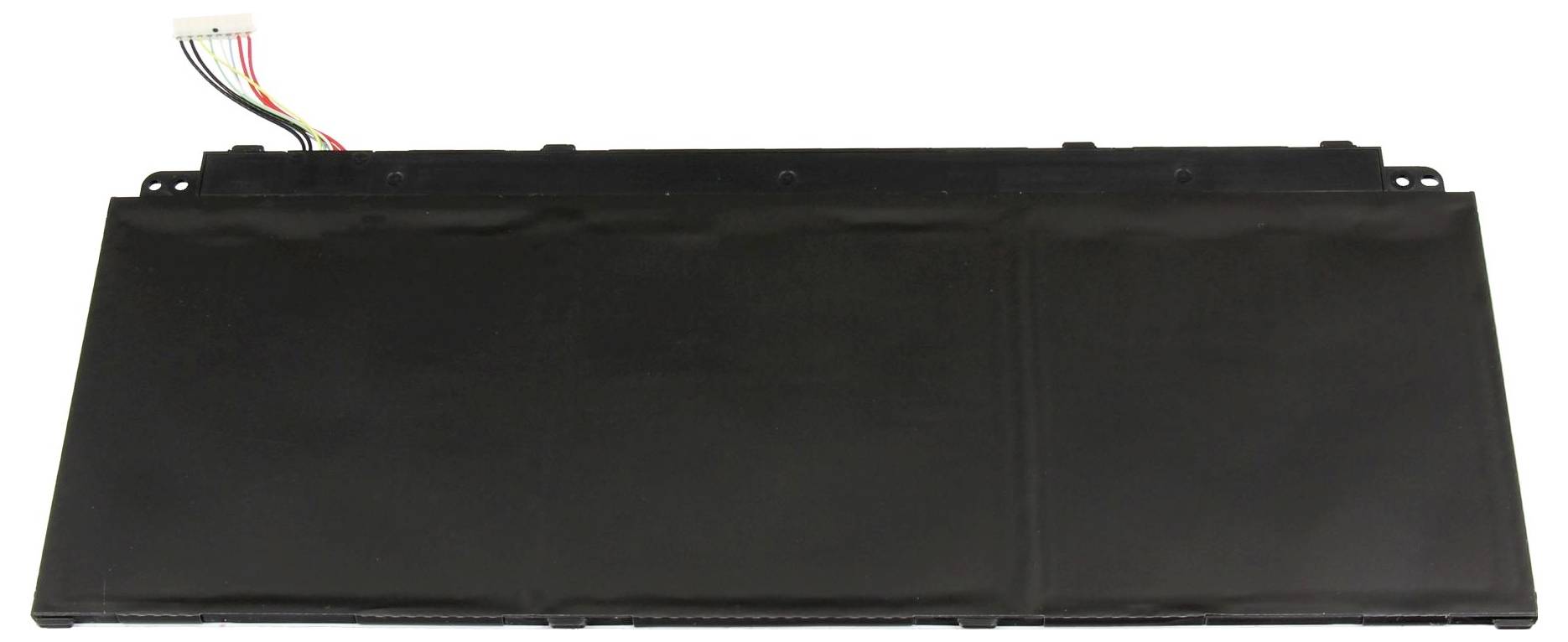 Pacco batteria per laptop nero con cavi connettore multicolore collegati su sfondo bianco.