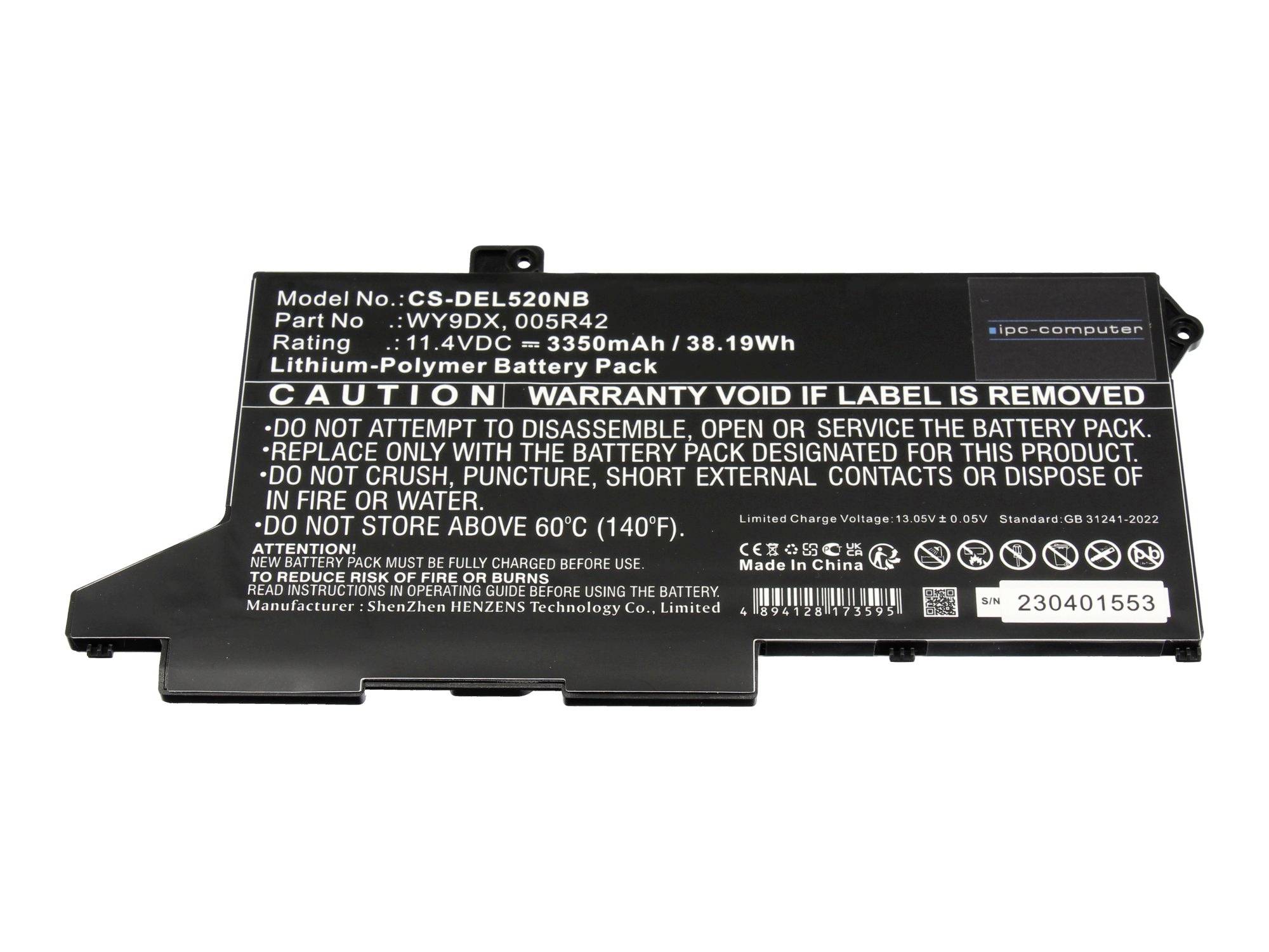 Batteria per laptop nera con etichetta di avvertenza, che mostra il modello CS-DFL520NB e la specifica 11,4 V, 3350 mAh.