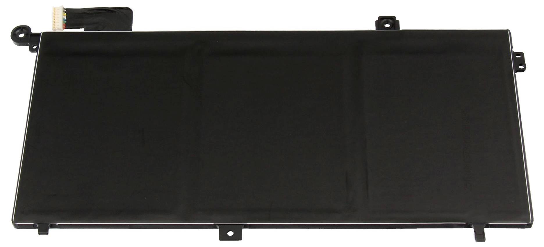 Pannello di visualizzazione elettronica rettangolare nero con linguette di montaggio e connettori sul lato posteriore visto su uno sfondo bianco