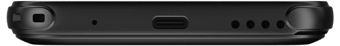 Bordo inferiore di una custodia per smartphone nera, che mostra il ritaglio della fotocamera, la porta di ricarica, i fori dell'altoparlante e un pulsante laterale.