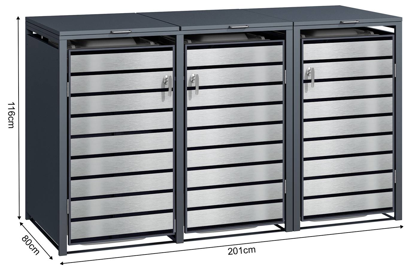 Armadio di stoccaggio esterno a tre porte con fronti in lamelle metalliche, etichettato 201 cm di larghezza, 80 cm di profondità e 116 cm di altezza.