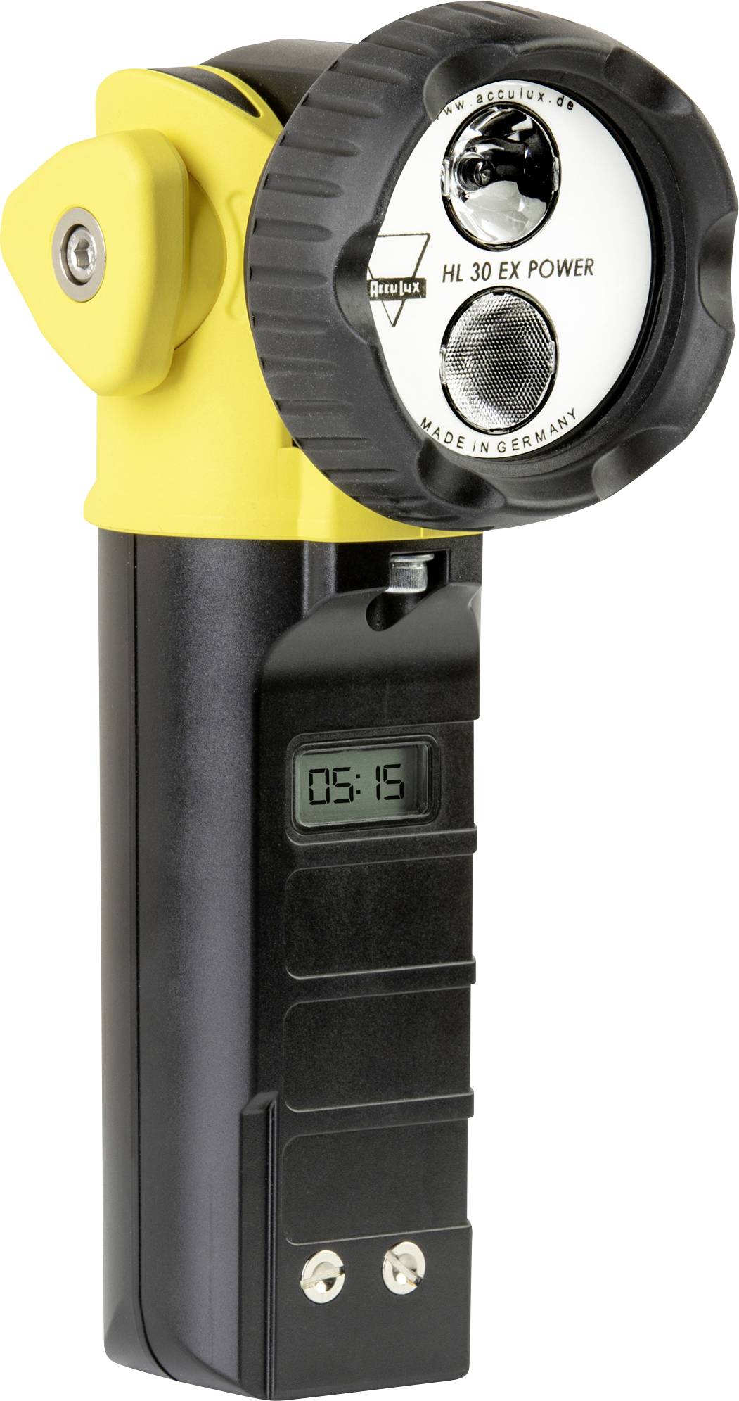 Torcia portatile giallo e nero con testata grande, display digitale che mostra 05:15, e due pulsanti sul manico.