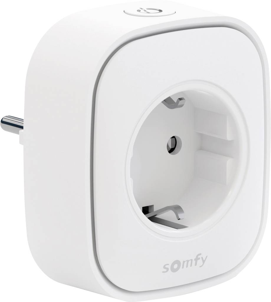 Adattatore di presa intelligente Somfy bianco con presa europea rotonda, mostrato in vista stile prodotto su sfondo bianco.