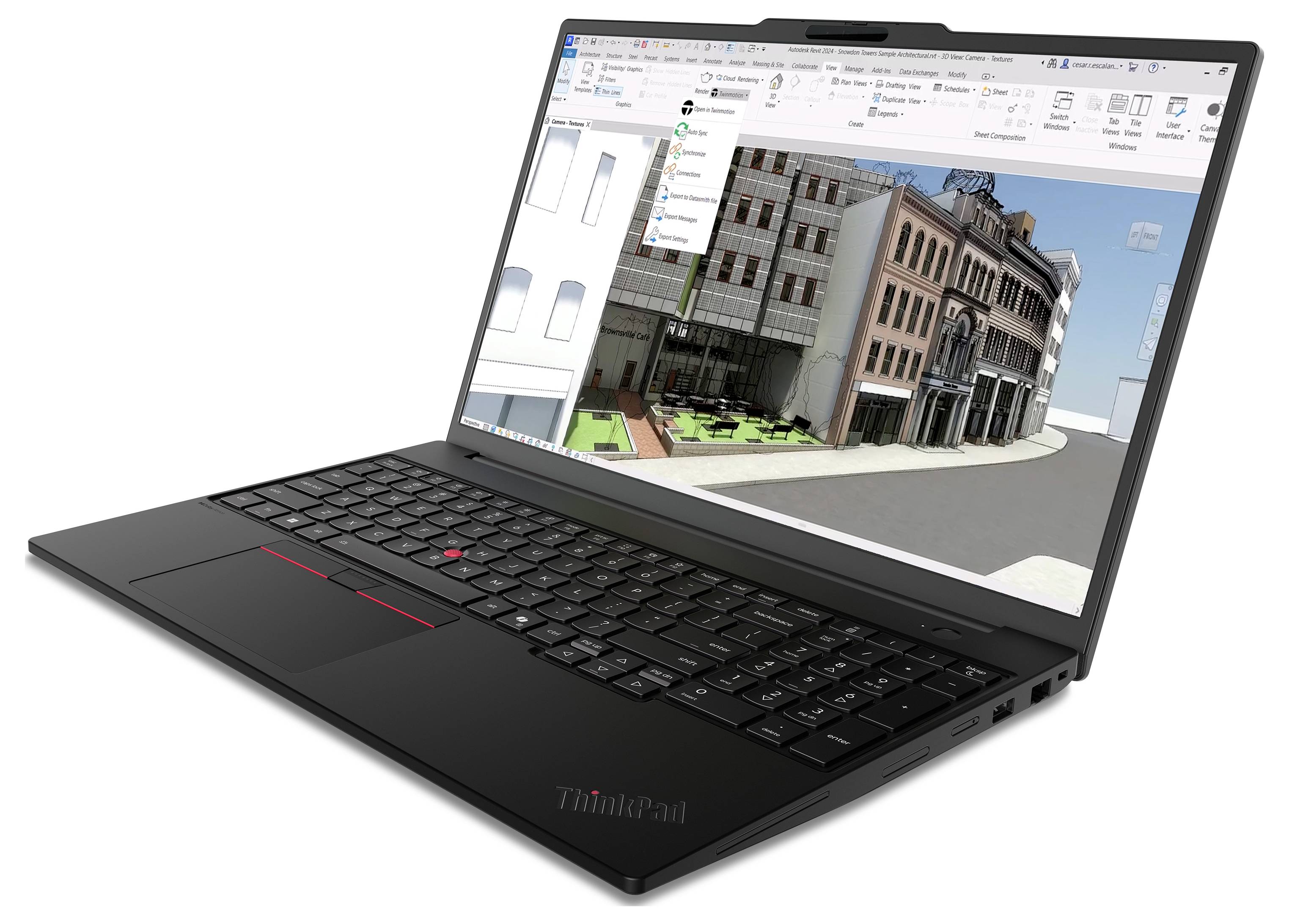 Un laptop ThinkPad nero che visualizza software di modellazione architettonica 3D con un paesaggio urbano di edifici sullo schermo.