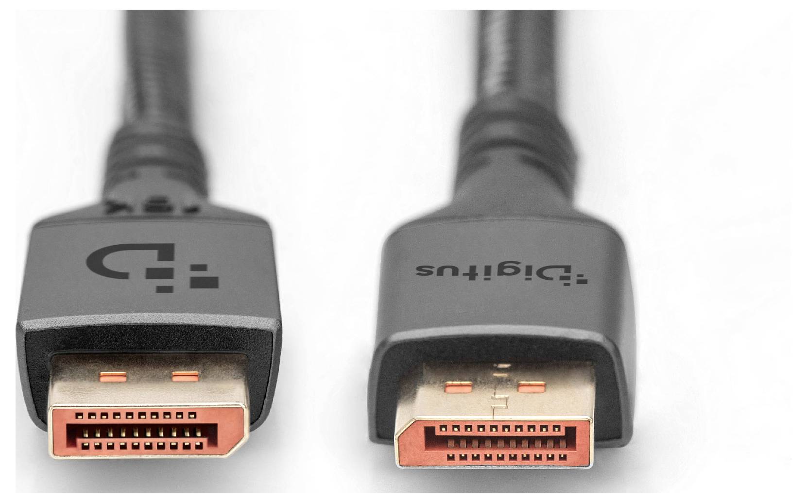 Due cavi DisplayPort mostrati uno accanto all'altro, con connettori maschi rivolti verso il davanti su uno sfondo bianco.