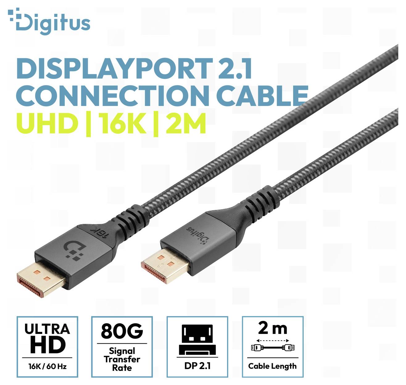 Cavo di collegamento Digitus DisplayPort 2.1, UHD 16K, 2 m, con velocità di trasferimento del segnale 80G e icone Ultra HD 16K/60 Hz.
